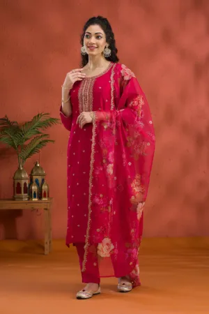 Rani Pink Threadwork Raw Silk Readymade Salwar Suit