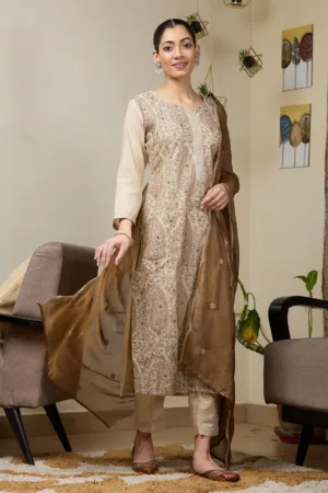 Beige Threadwork Chanderi Readymade Salwar Suit