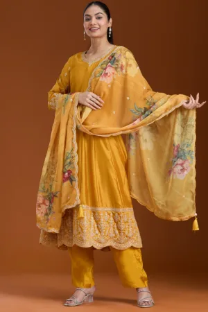 Mustard Yellow Zariwork (Gold) Soft Raw Silk Readymade Salwar Suit