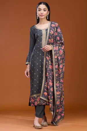 Dark Grey Stonework (Gold) Soft Raw Silk Readymade Salwar Suit