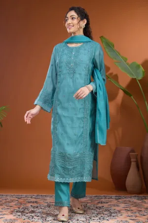 Blue Threadwork Chanderi Readymade Salwar Suit