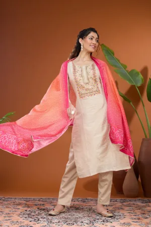 Beige Threadwork Tissue Readymade Salwar Suit