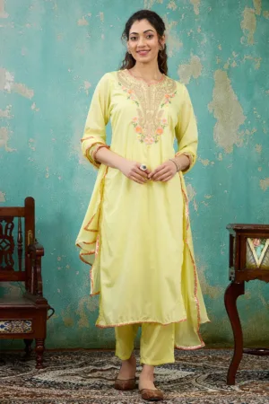 Yellow Cording Chanderi Readymade Salwar Suit