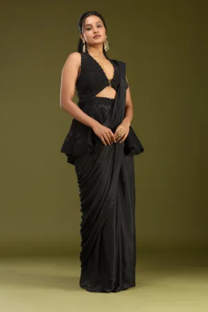 Black Threadwork Satin Saree