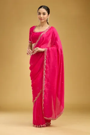 Rani Pink Cutwork Tissue Saree